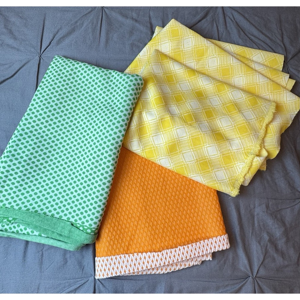 VTG  Woven Textile Lot Of Green Yellow Orange Polyester Fabric Seersucker Textur